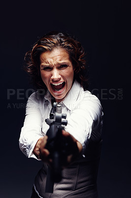 Buy stock photo Woman, rifle and professional fight in studio, angry corporate killer and black background. Female person, mafia boss and gun for portrait gangster business, criminal weapon and danger to security