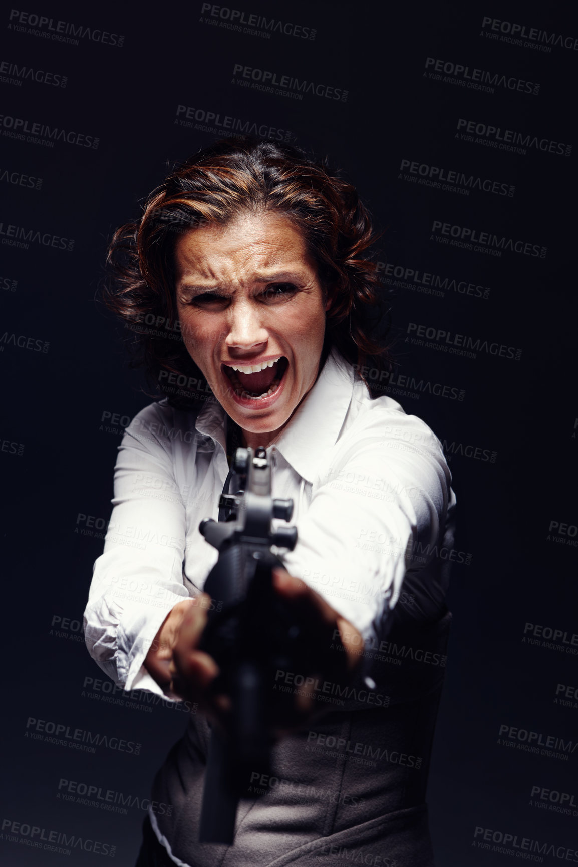 Buy stock photo Woman, rifle and professional fight in studio, angry corporate killer and black background. Female person, mafia boss and gun for portrait gangster business, criminal weapon and danger to security