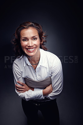 Buy stock photo Portrait, arms crossed and happy business woman in studio isolated on black background. Pride, confidence and smile of professional entrepreneur or compliance officer with experience above in USA
