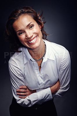 Buy stock photo Portrait, confidence and happy business woman in studio isolated on black background. Pride, face and professional entrepreneur with arms crossed or compliance officer with work experience in Italy