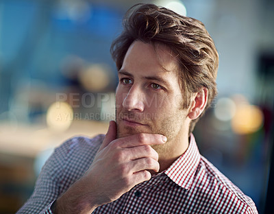 Buy stock photo Business man, thinking and office for corporate profession or project management in career or company. Manager or analyst and serious with vision for ideas in organisation on bokeh background

