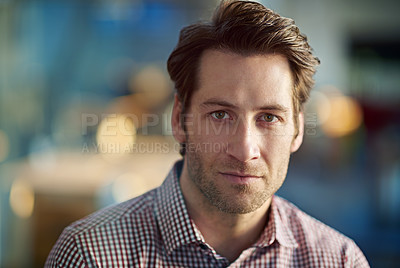 Buy stock photo businessman, pride and portrait in office for start up company, career and team leader. Serious, male person and management in professional workspace for meeting, investment or professional work.
