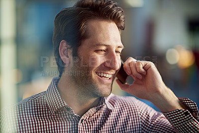 Buy stock photo Businessman, phone call and talking in office, sales and negotiation on deal for company. Male person, networking and feedback on planning or proposal, consulting and communication on app for chat