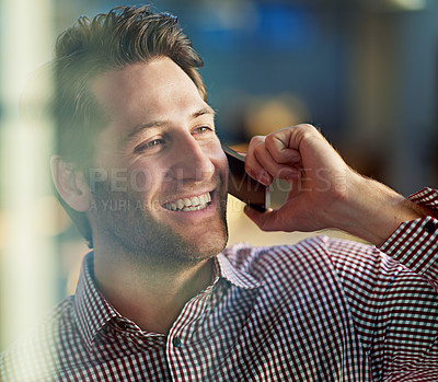 Buy stock photo Man, phone call and talking in office for business deal with communication, job and design. Creative workplace, technology and mobile in hand for speaking conversation, contact and idea discussion