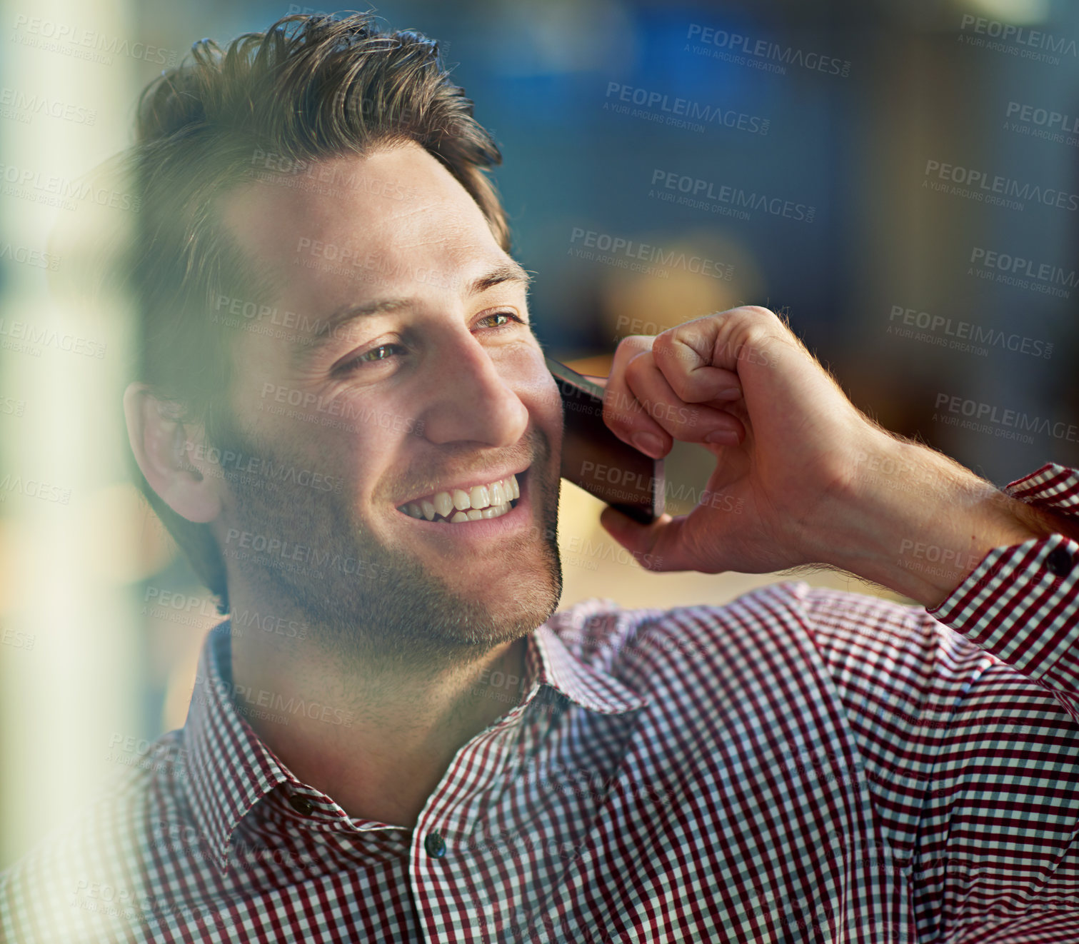 Buy stock photo Man, phone call and talking in office for business deal with communication, job and design. Creative workplace, technology and mobile in hand for speaking conversation, contact and idea discussion