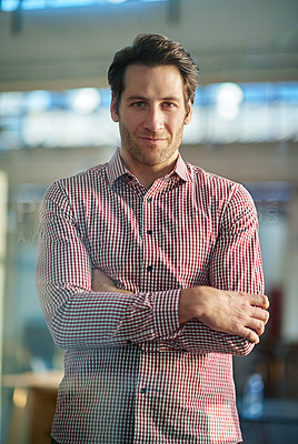 Buy stock photo Portrait, businessman and in office with crossed arms for positive mindset, leadership and start up company. Professional male person, pride and CEO on workplace for career, management and commitment