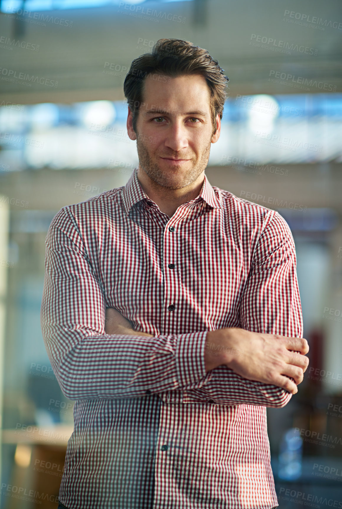Buy stock photo Portrait, businessman and in office with crossed arms for positive mindset, leadership and start up company. Professional male person, pride and CEO on workplace for career, management and commitment