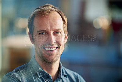 Buy stock photo Male designer, smile and portrait in office for company career or corporate planning in project management. Mature person or analyst and happy for business vision or innovative ideas with mockup