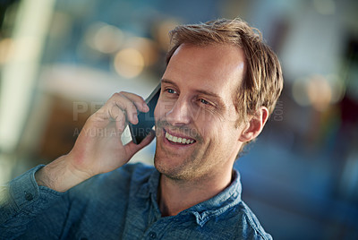 Buy stock photo Businessman, phone call and talking with smile in office, chatting or speaking with mobile in workplace. Technology, cellphone and happy man on smartphone in discussion, business deal or conversation