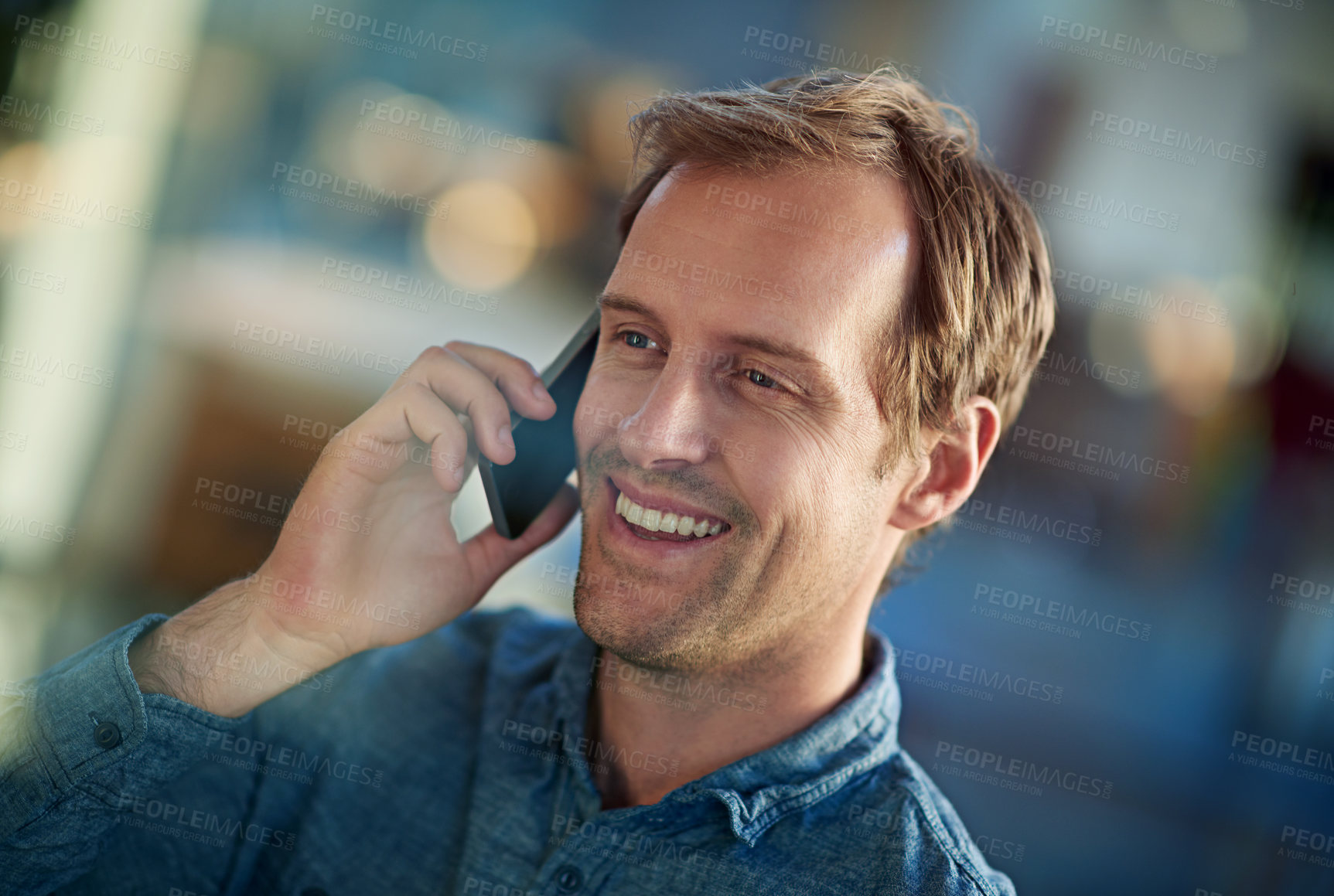 Buy stock photo Businessman, phone call and talking with smile in office, chatting or speaking with mobile in workplace. Technology, cellphone and happy man on smartphone in discussion, business deal or conversation