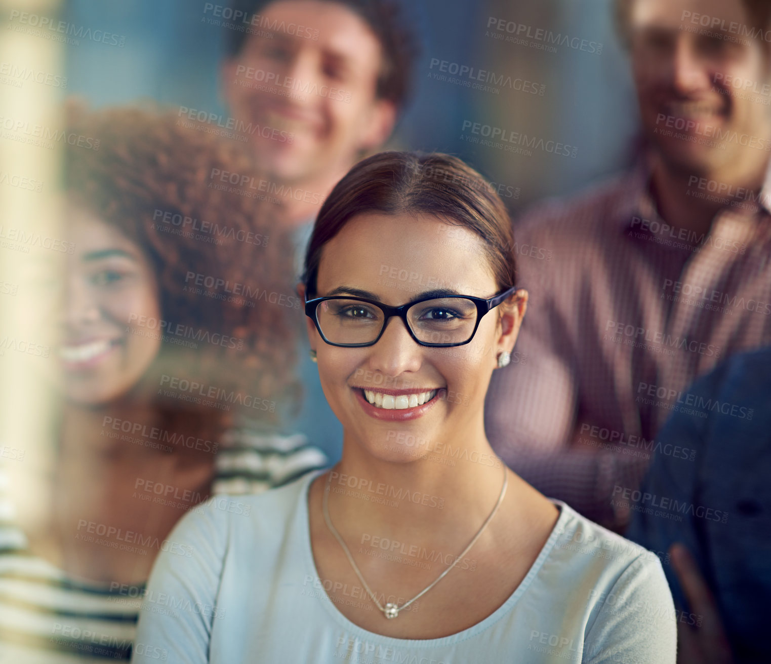 Buy stock photo Happy, woman and portrait in office for business with teamwork, smile and meeting for company. Female person, professional and pride in workplace for networking, marketing and creative strategy
