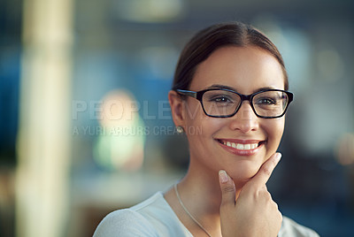 Buy stock photo Woman, hands and smile with glasses for thinking with idea for vision with positive for company. Female person, happiness and ambition with office worker in eyewear, pride and job in confidence