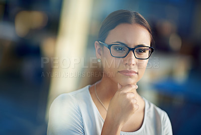 Buy stock photo Woman, glasses and closeup with confidence and thinking with vision, idea or planning for hr. Female employee and specs with hand for thought in office, onboarding or staff for workforce in Atlanta