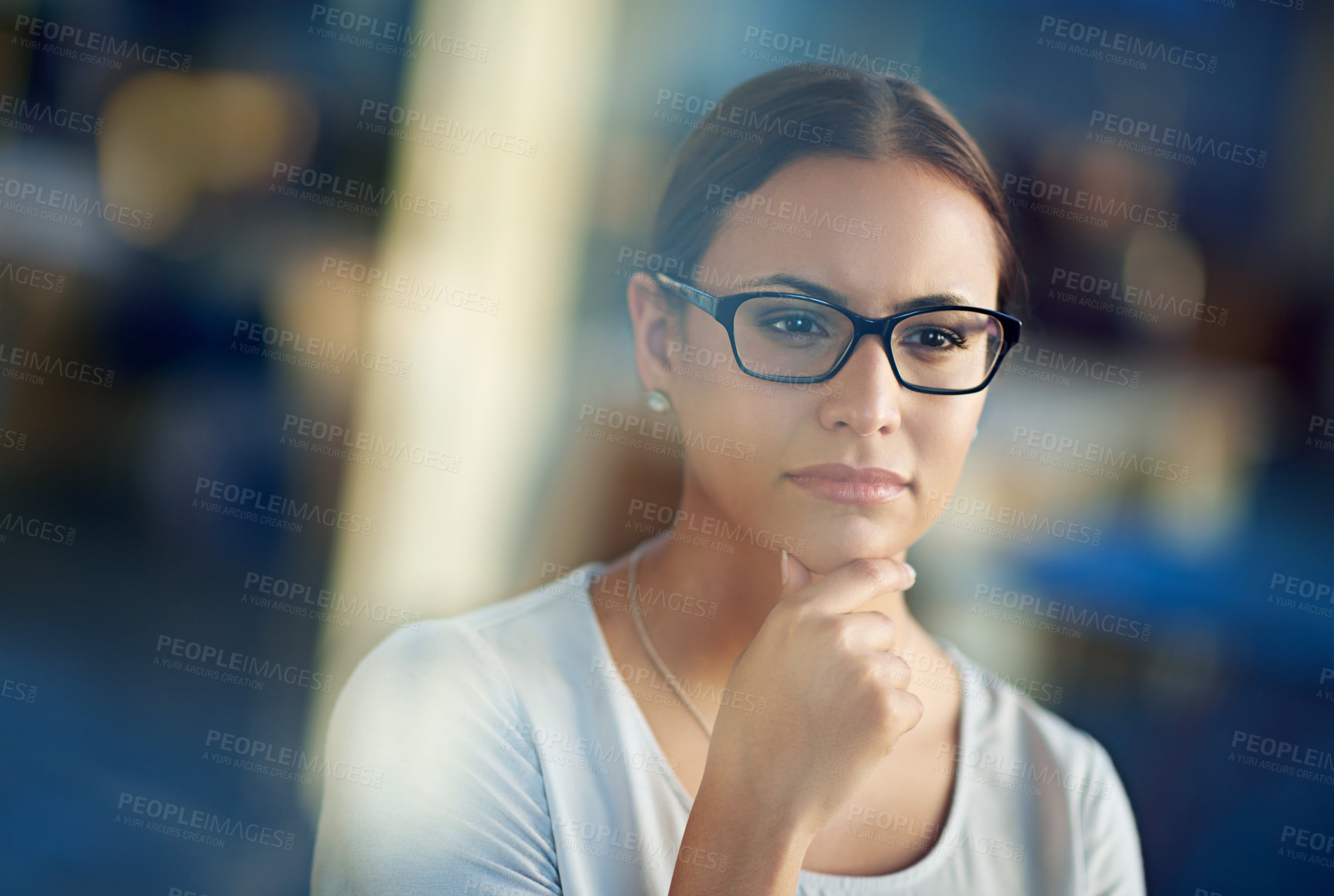 Buy stock photo Woman, glasses and closeup with confidence and thinking with vision, idea or planning for hr. Female employee and specs with hand for thought in office, onboarding or staff for workforce in Atlanta