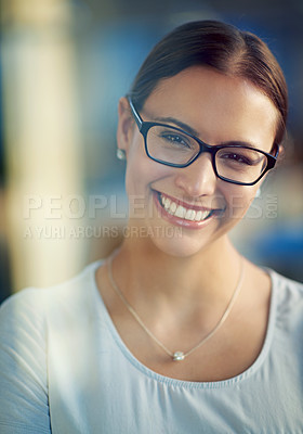 Buy stock photo Woman, smile and office in portrait with glasses in confidence for company for employee. Female person, smiling and work with pride for job in admin in workplace, eyewear and social media marketing