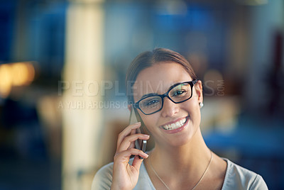 Buy stock photo Person, smile and cellphone conversation in office for communication, sales and corporate deal. Business woman, happy and talking on mobile device for agreement, negotiation and job opportunity
