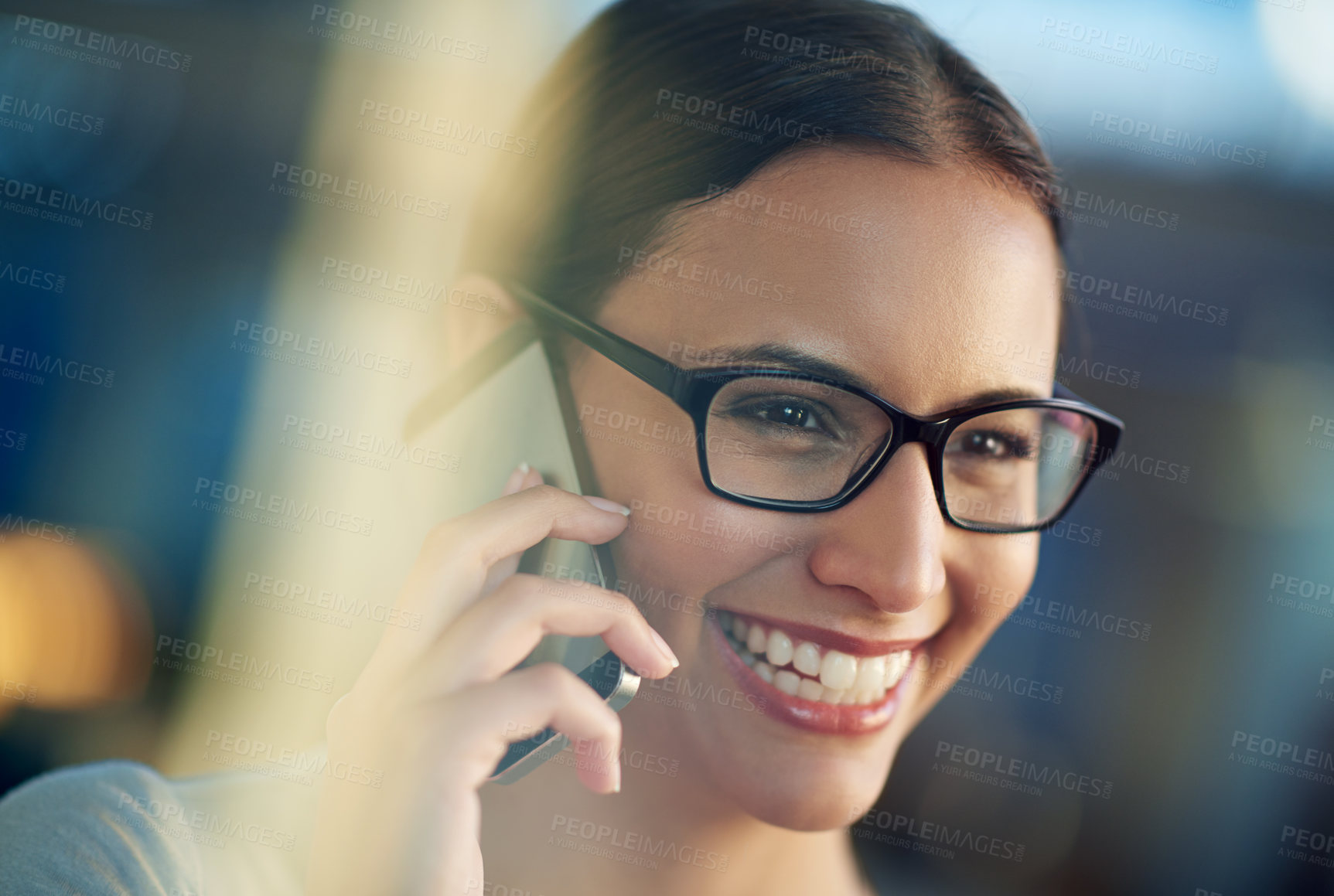 Buy stock photo Business woman, smile and mobile conversation in office for communication, sales and corporate deals. Person, happy and talking on cellphone device for agreement, negotiation and job opportunity
