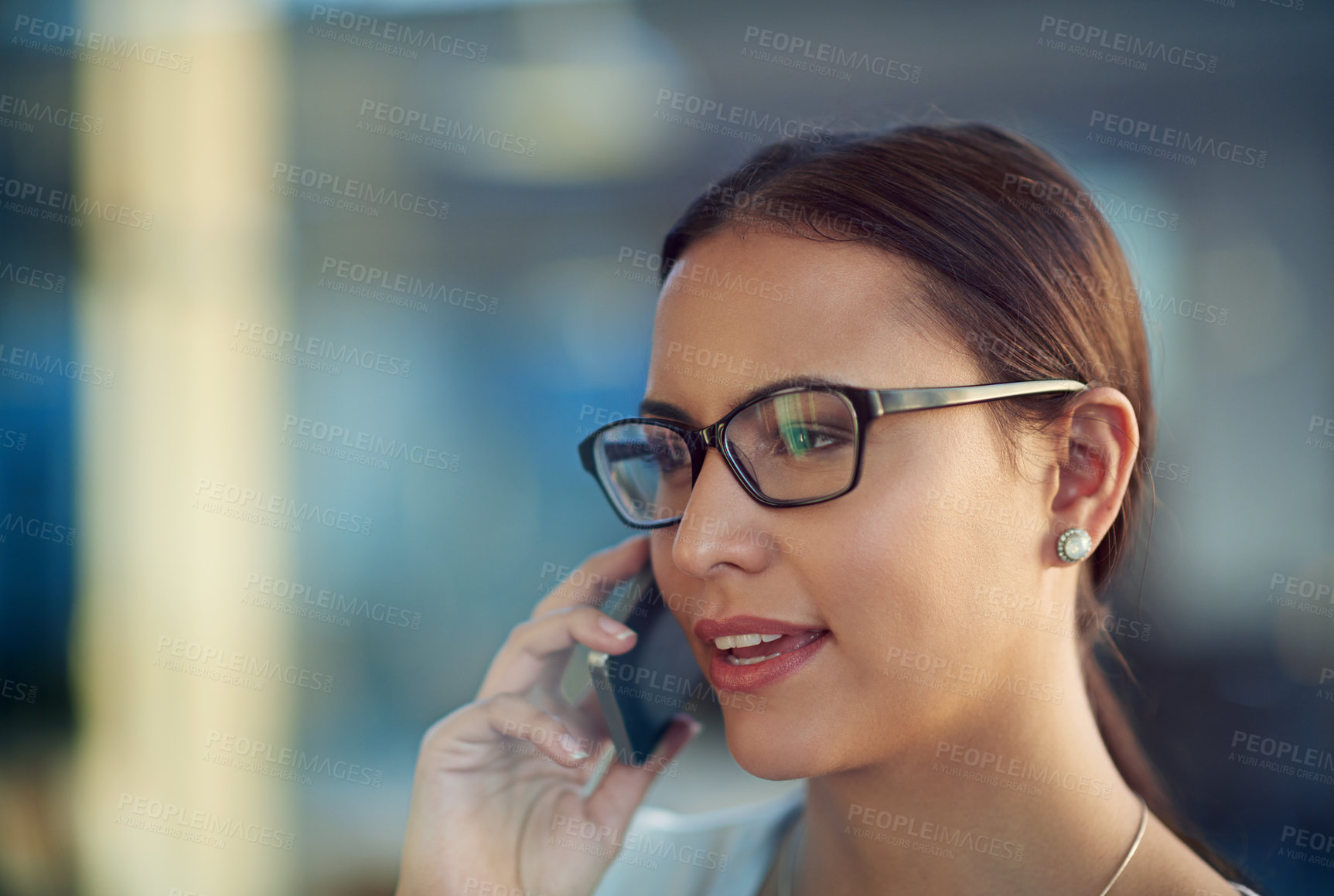 Buy stock photo Woman, talking and phone call in workplace for business with communication, glasses and graphic design. Office, agency job and mobile in hand for speaking conversation, internet and creative company