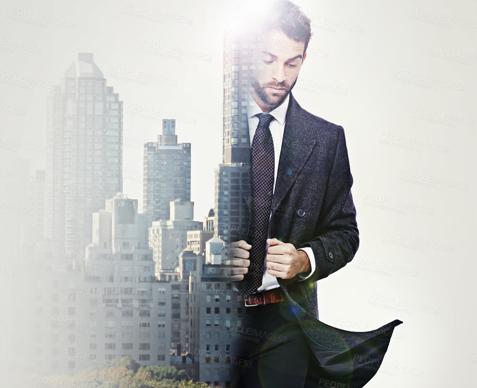 Buy stock photo Composite image of a handsome well-dressed man superimposed with the city