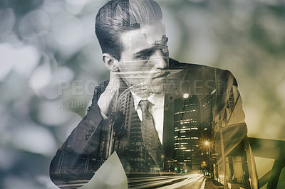 Buy stock photo Business man, city and double exposure for thinking employee with monochrome and art deco overlay. Urban, old school and corporate worker with ideas and person with skyline in black and white effect
