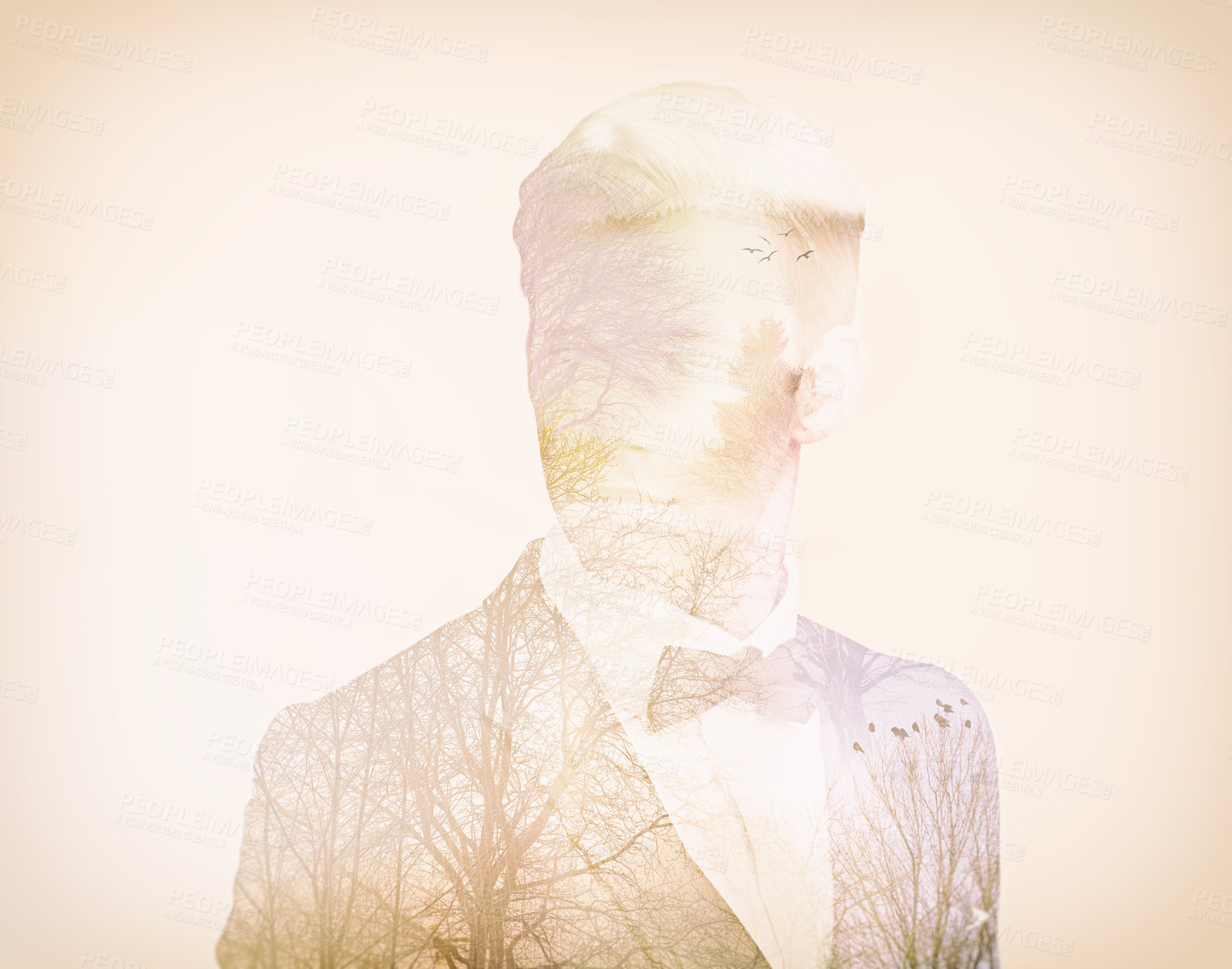 Buy stock photo Man, suit and illustration with bow tie on abstract for  fashion or professionalism and masculine style.Young person, attractive and confident on composite for double exposure on nature mockup     