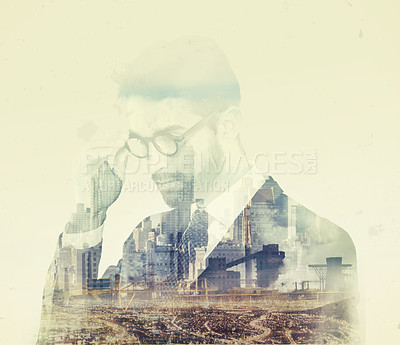 Buy stock photo Business man, double exposure or city and thinking, glasses or mindset of planning, idea or vision. Businessman, future or solution with creative abstract overlay of buildings, cbd or urban cityscape