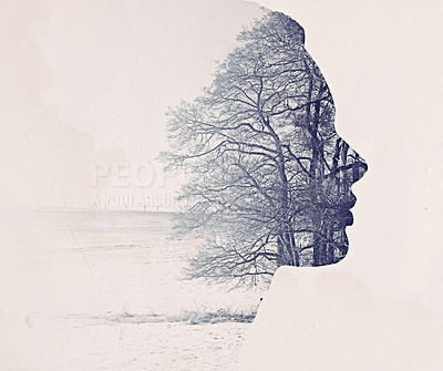 Buy stock photo Woman, face and tree with double exposure and nature, creativity and environment with mockup space. Art abstract, female person profile and overlay, illustration and reflection with sustainability