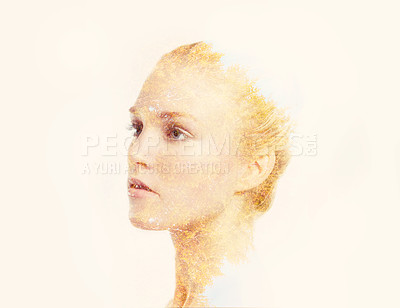 Buy stock photo Woman, face and composite painting or artwork with thinking, double exposure and overlay of trees on mockup space. Creative, studio or transparent drawing with nature illustration on white background
