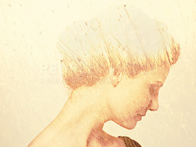 Buy stock photo Art, illustration and woman with nature overlay for beauty, soft or femininity on white background. Double exposure, pattern and female with texture,  lines and artistic, design and expression 