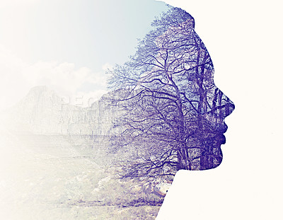 Buy stock photo Composite image of nature superimposed on a woman's profile