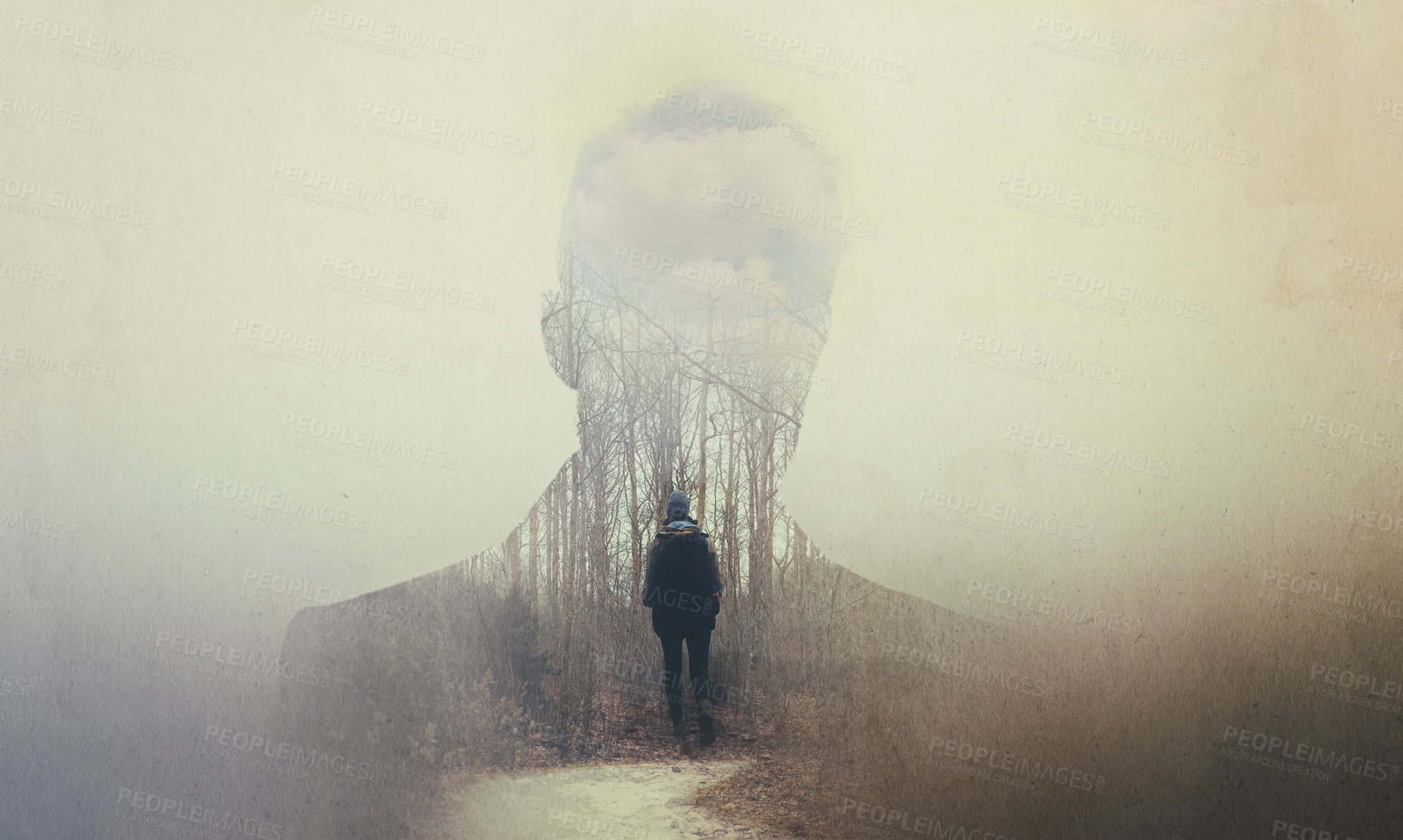 Buy stock photo Composite image of a man's silhouette superimposed on a woman alone in the woods