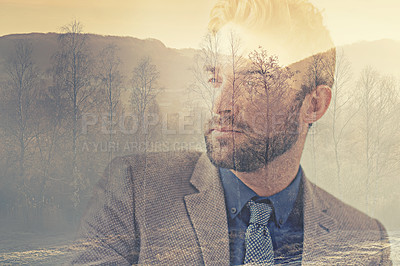 Buy stock photo Business man, double exposure and trees for thinking, mindset or vision for development in environment. Sustainability, ecology and woods with businessman, focus and ideas with creative art overlay