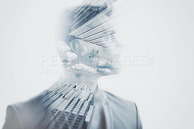 Buy stock photo Composite image of a well-dressed man superimposed with images skyscapers