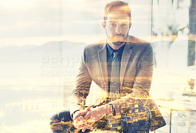 Buy stock photo Composite image of a well-dressed man superimposed on an image of a city at night