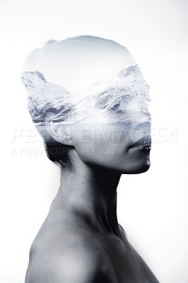 Buy stock photo Overlay, thinking and woman with mountains, water and nature with freedom, carefree and wonder. Female person, lady and model with double exposure, natural and thoughts with ideas, creative and art