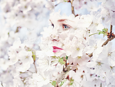 Buy stock photo Woman, flowers and double exposure with cherry blossom tree in nature outdoor. Spring, female model and creative art with flower and beauty with blooming or winter plants overlay with a lady thinking