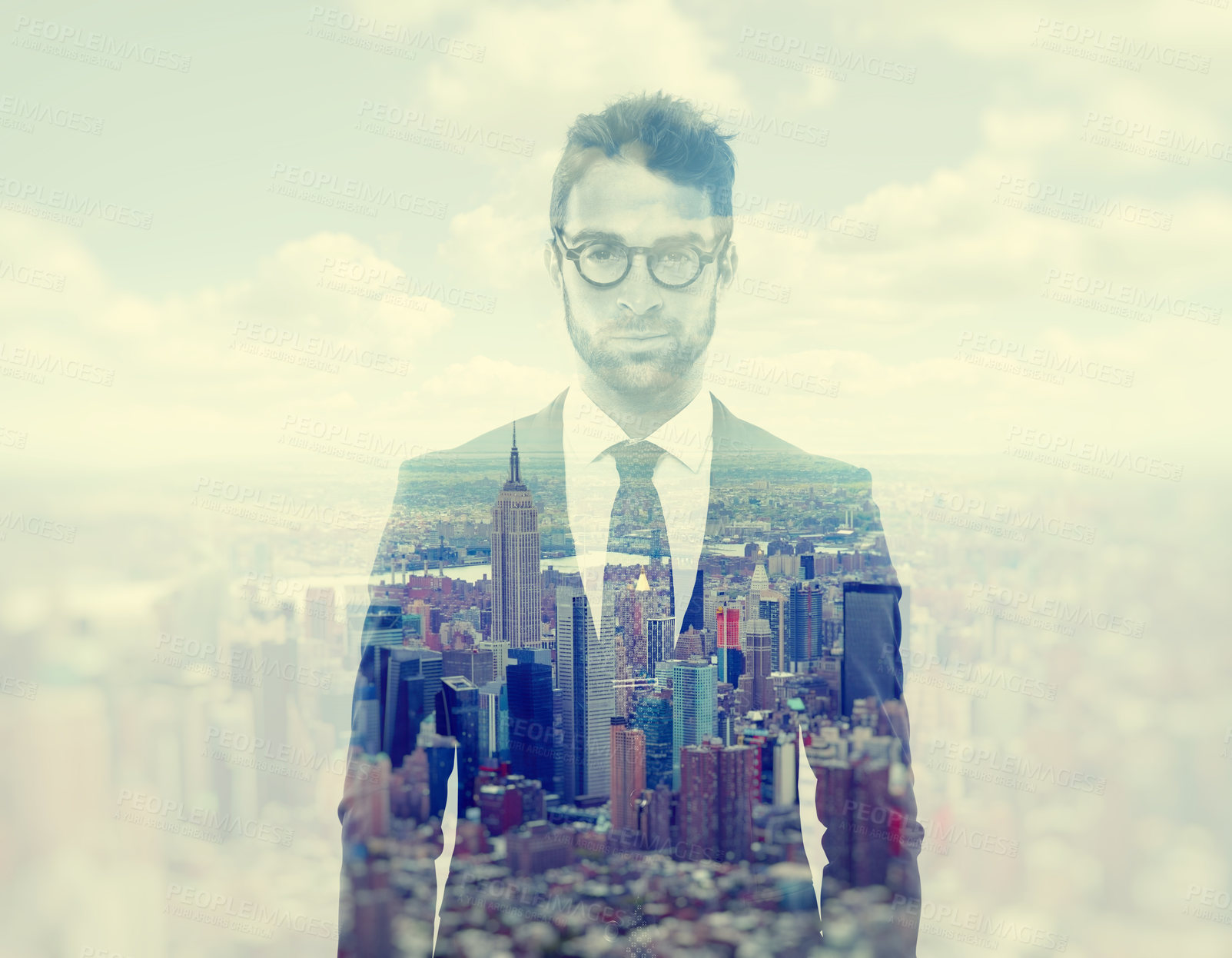 Buy stock photo Business man, cityscape and portrait with double exposure, entrepreneurship and ceo in suit. Young businessman, overlay and corporate manager by skyline in metro with skyscraper, clouds and vision