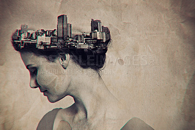 Buy stock photo Art, double exposure and woman with city head or New York creativity in mockup space and urban town on a lady. Society, vintage and young female person in a retro design or buildings background