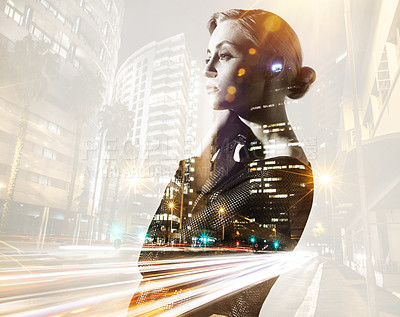 Buy stock photo Double exposure, city and serious woman thinking of fashion and style  with buildings of an urban town or cityscape. Overlay, illustration and female person or model at night feeling proud