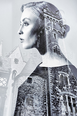 Buy stock photo Woman, building and double exposure with black and white effect for city art deco. Creative, architecture and church overlay on young female model with urban buildings design for monochrome and idea