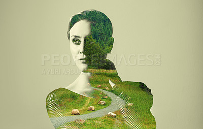 Buy stock photo Woman, thinking and double exposure with nature, grass or ideas for adventure, sustainability or outdoor. Girl, brainstorming and vision with holographic overlay of forrest, woods or field for future