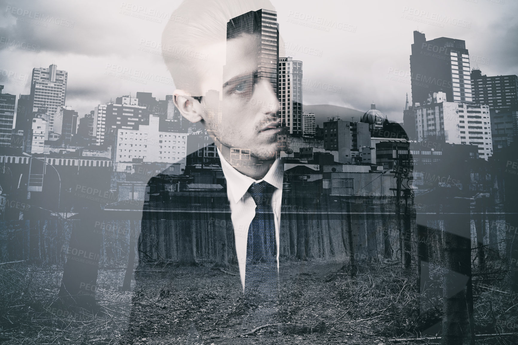 Buy stock photo Business man portrait, city double exposure and employee with monochrome and art deco overlay. Corporate, old school and urban worker with ideas of person with skyline and black and white effect
