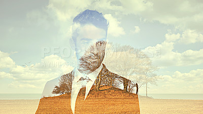 Buy stock photo Business man, career and landscape on abstract for sustainability innovation idea and environmental awareness Professional person, thinking on double exposure for earth, tree and sky cloud on mockup