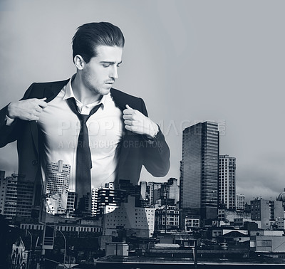 Buy stock photo Business man, double exposure and skyline for suit style employee with mock up. Male worker, prepare and urban cityscape with downtown overlay on corporate businessman in black and white art effect