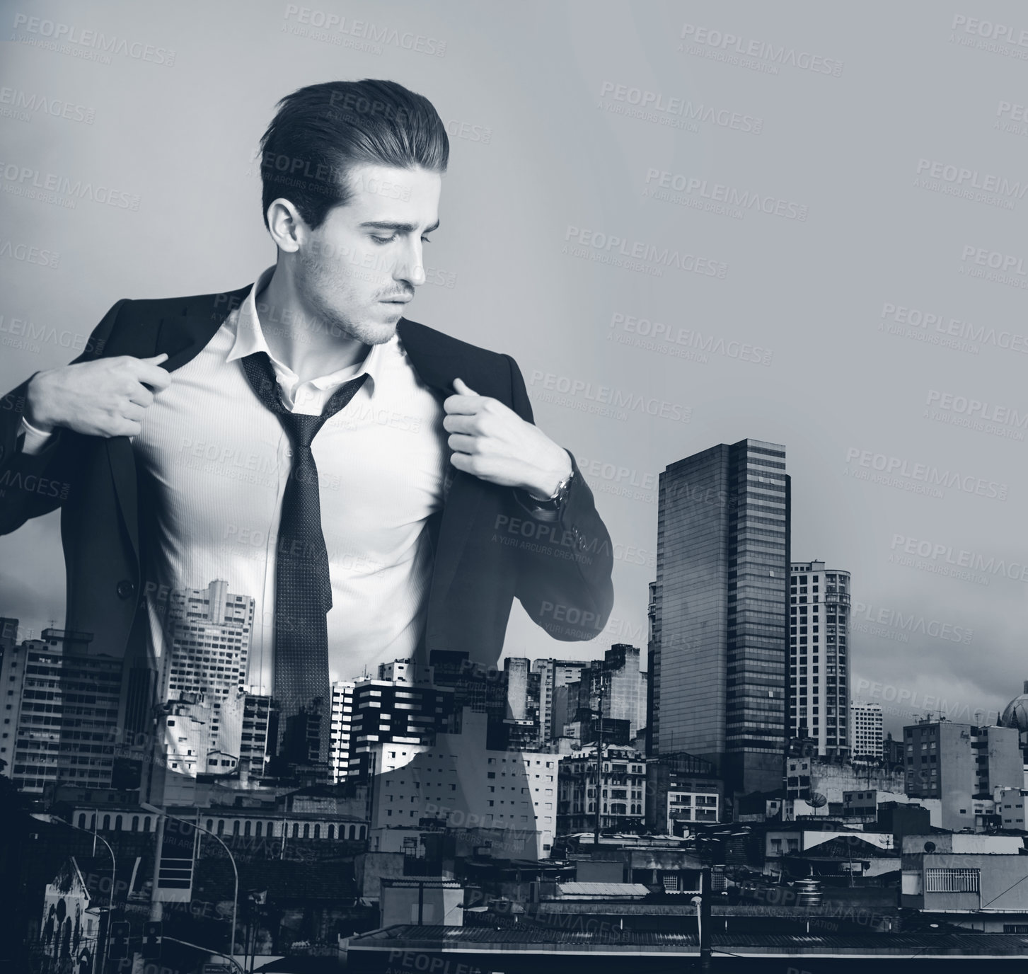 Buy stock photo Business man, double exposure and skyline for suit style employee with mock up. Male worker, prepare and urban cityscape with downtown overlay on corporate businessman in black and white art effect