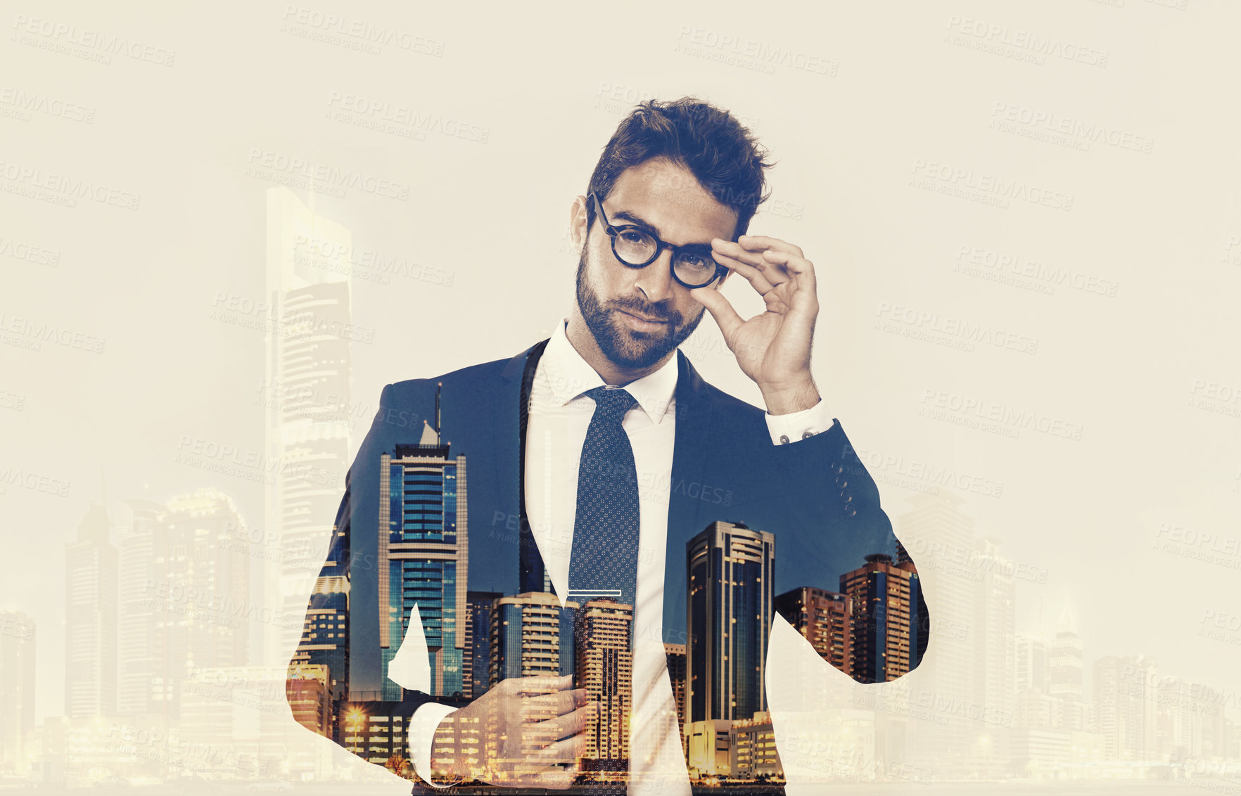 Buy stock photo Portrait, businessman and double exposure for architecture, design or infrastructure with mockup. Space, overlay and architect brainstorming modern building, idea or construction project solution