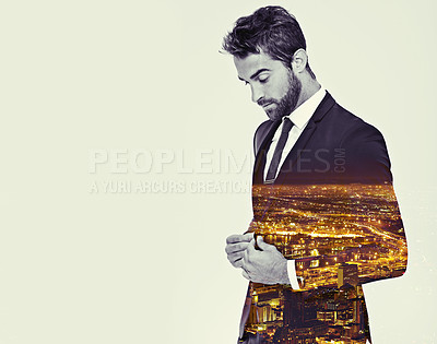 Buy stock photo Composite image of a well-dressed man superimposed on an image of a city at night