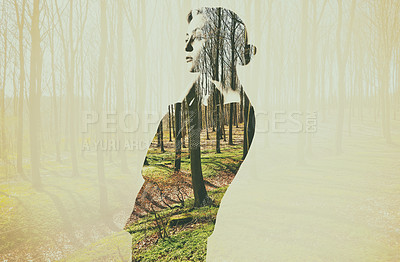 Buy stock photo Forest, double exposure and woman thinking in nature or environment with overlay of woods or trees in the background. Illustration, creative and female person outdoor for creativity and reflection