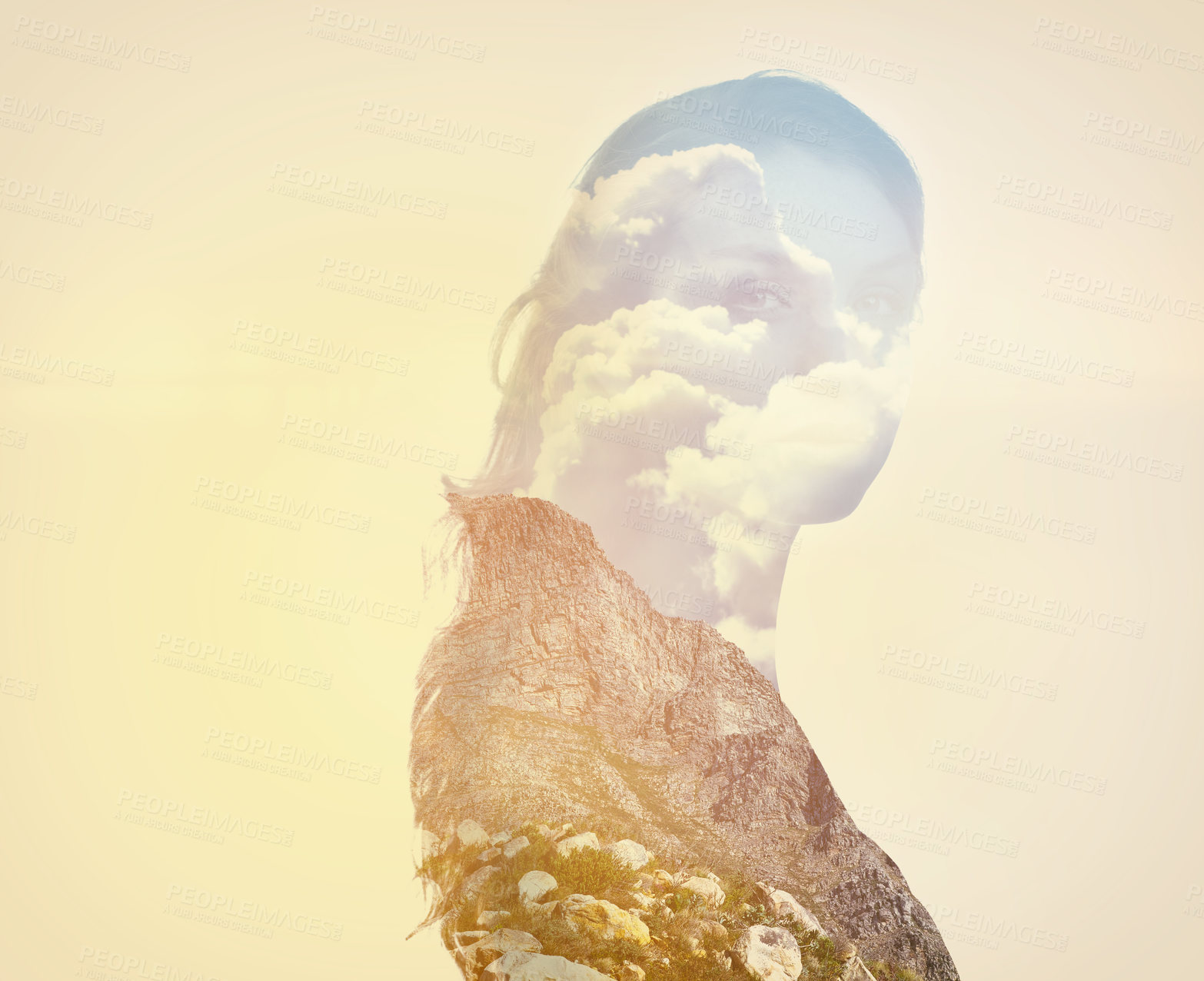Buy stock photo Woman, nature and double exposure in portrait with mountain, clouds or sky background on adventure. Girl, face or holographic overlay for freedom, holiday or silhouette with vision for sustainability