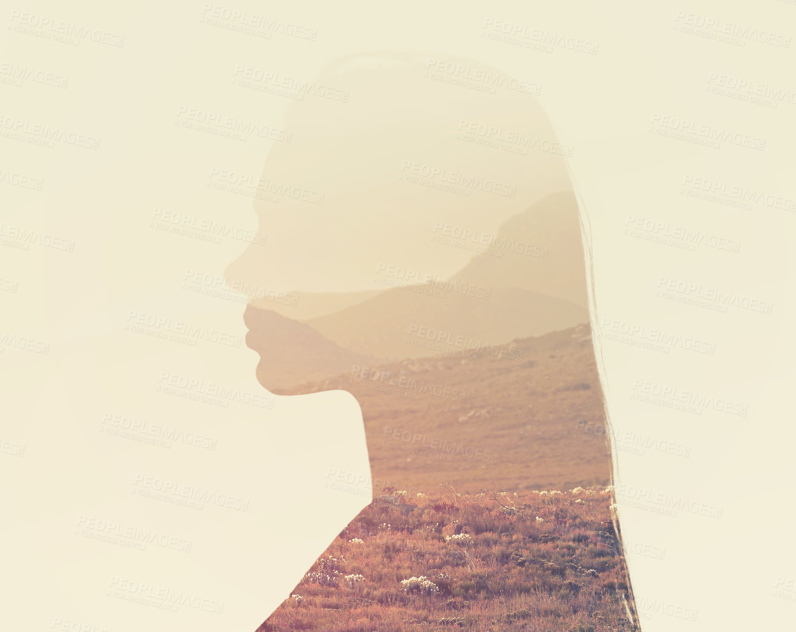 Buy stock photo Woman, mountains and double exposure in nature with silhouette, sky background and summer adventure. Girl, face and field overlay for freedom, holiday and countryside with vision for sustainability